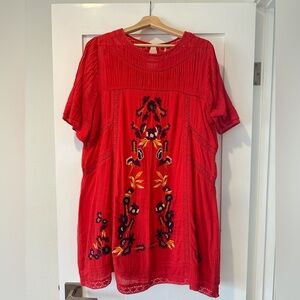 Free People Red Embroidered Midi Dress